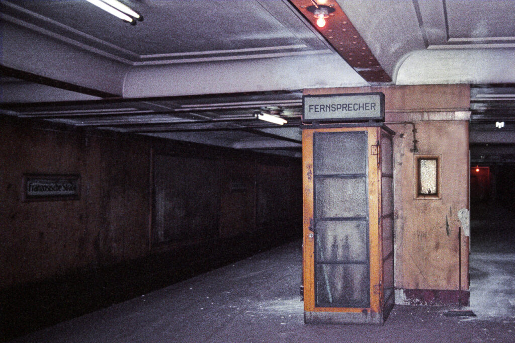 Telephone booth on platform of sealed off underground station